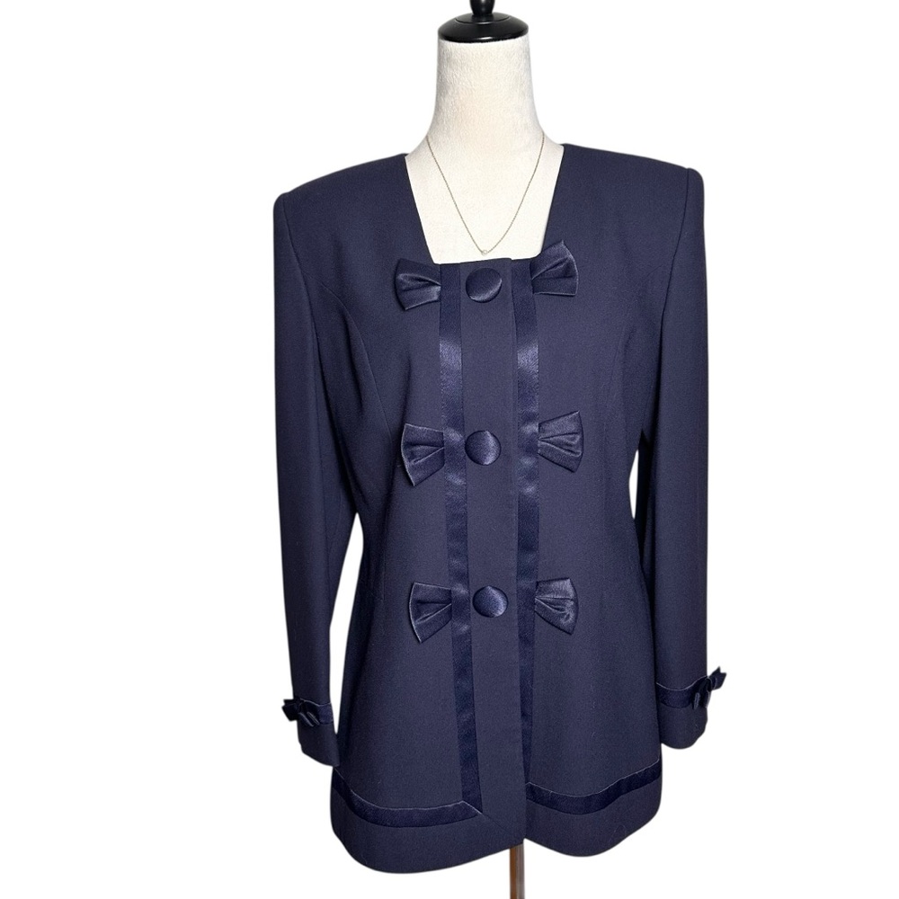 Vintage Sioni Navy Blue Bow Blazer Structured Power Jacket 8 |‎ 80s Quiet Luxury